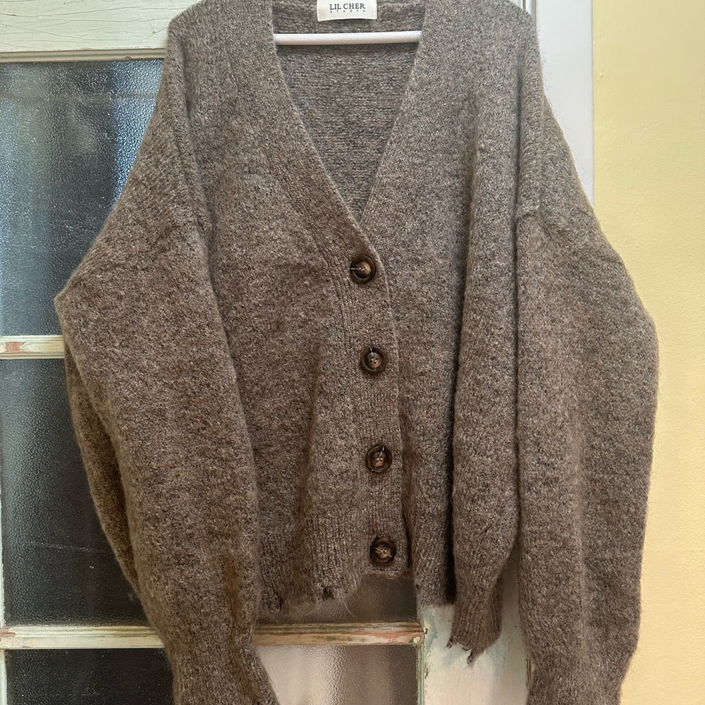 Mohair Brown/Gray Button-Up Women's Cardigan